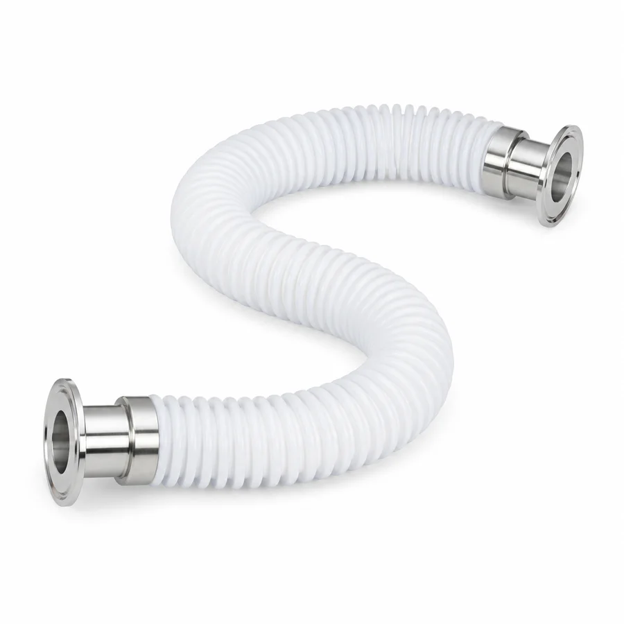 White convoluted PTFE hose with stainless steel fittings
